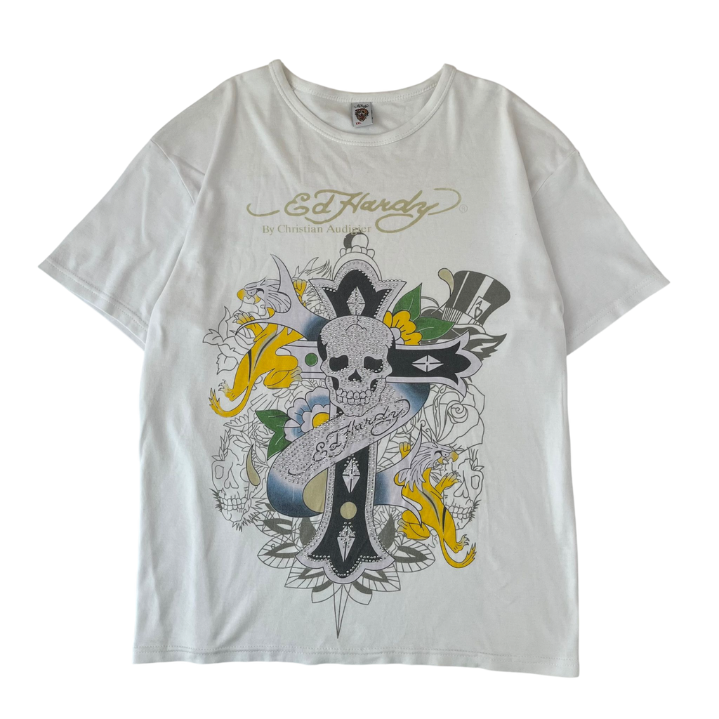 ED HARDY RHINESTONE SKULL CROSS TEE (XL)