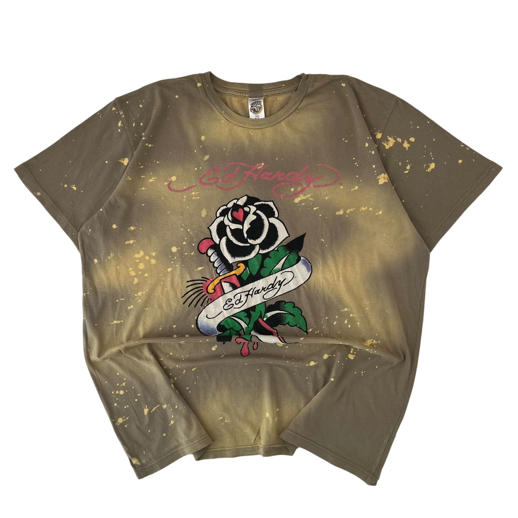 ED HARDY ROSE DAGGER DISTRESSED WASH TEE (XL)