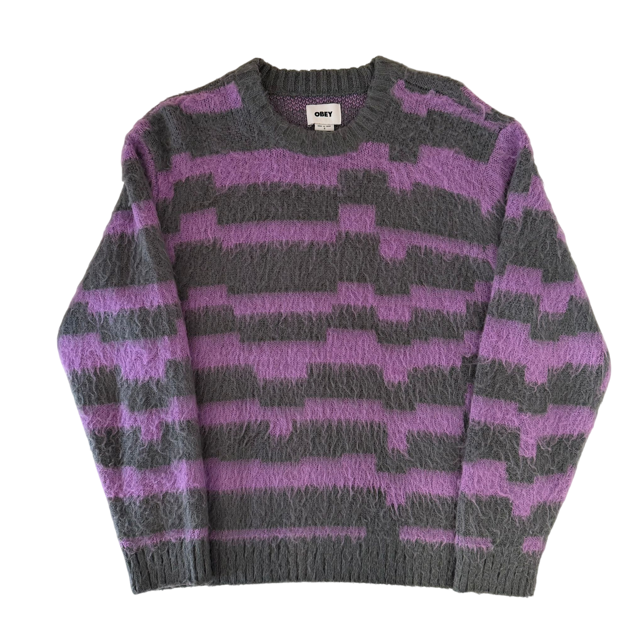 OBEY TWO TONE STRIPED FUZZY KNIT SWEATER (S)