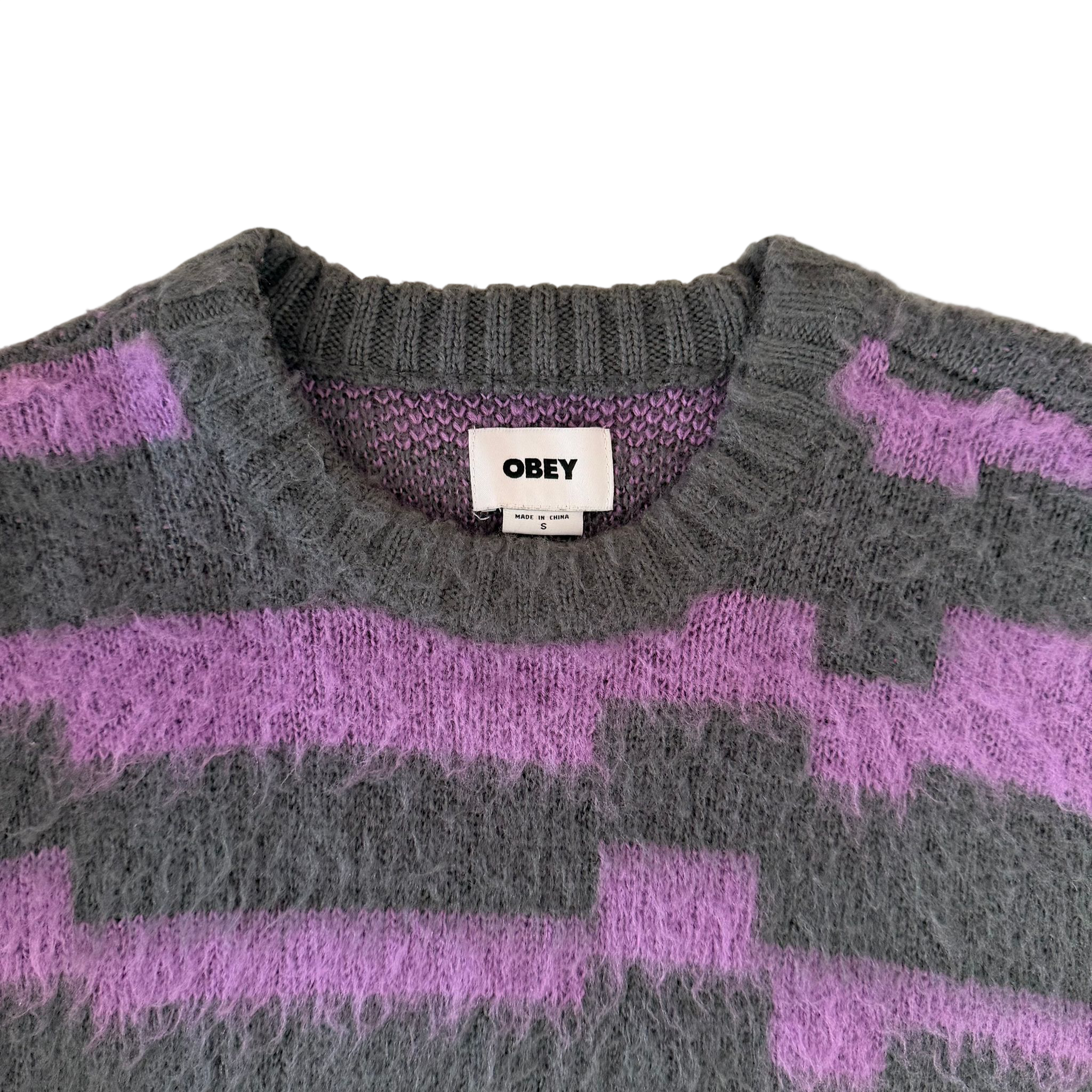 OBEY TWO TONE STRIPED FUZZY KNIT SWEATER (S)