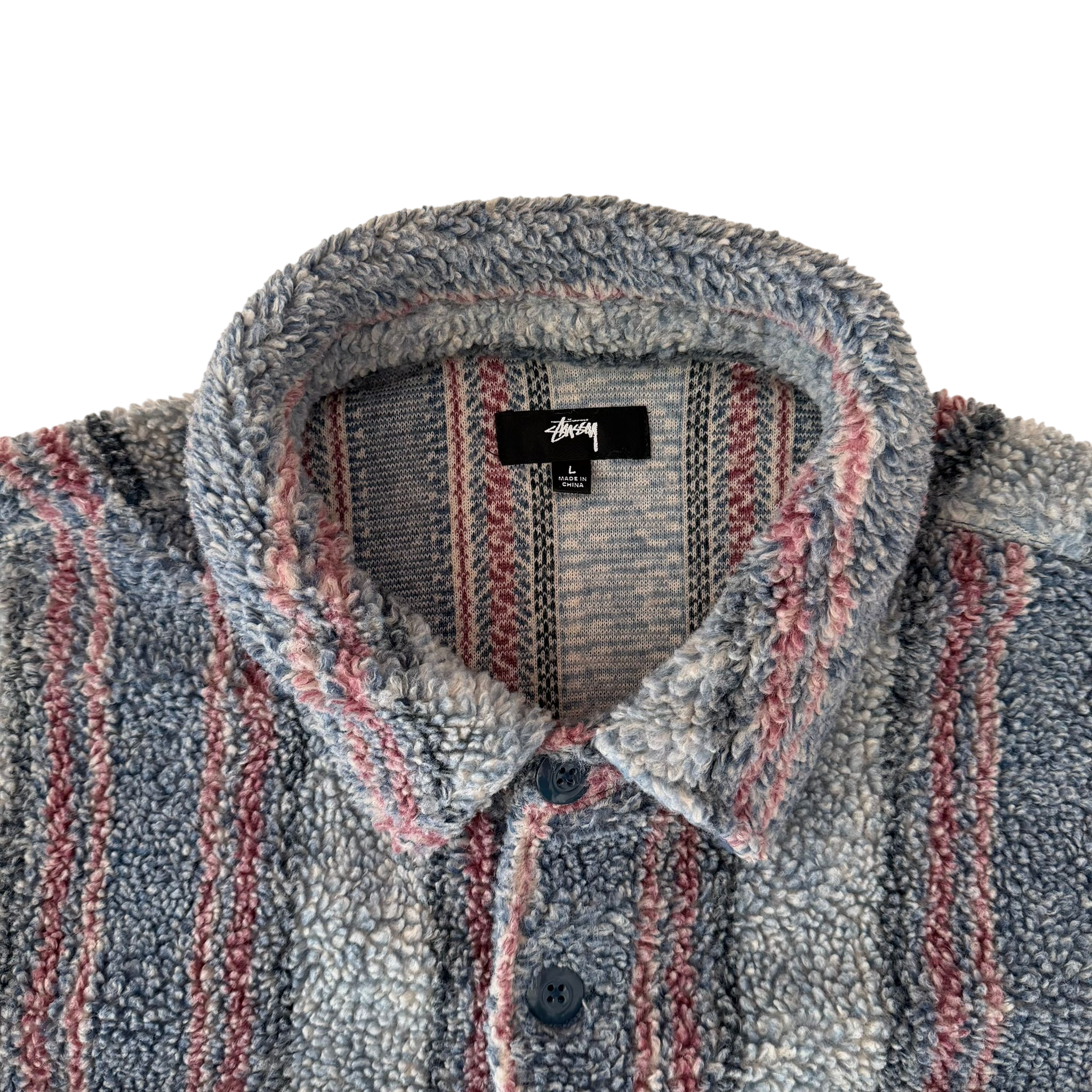 STUSSY STRIPE SHERPA BUTTON UP SHIRT (L)