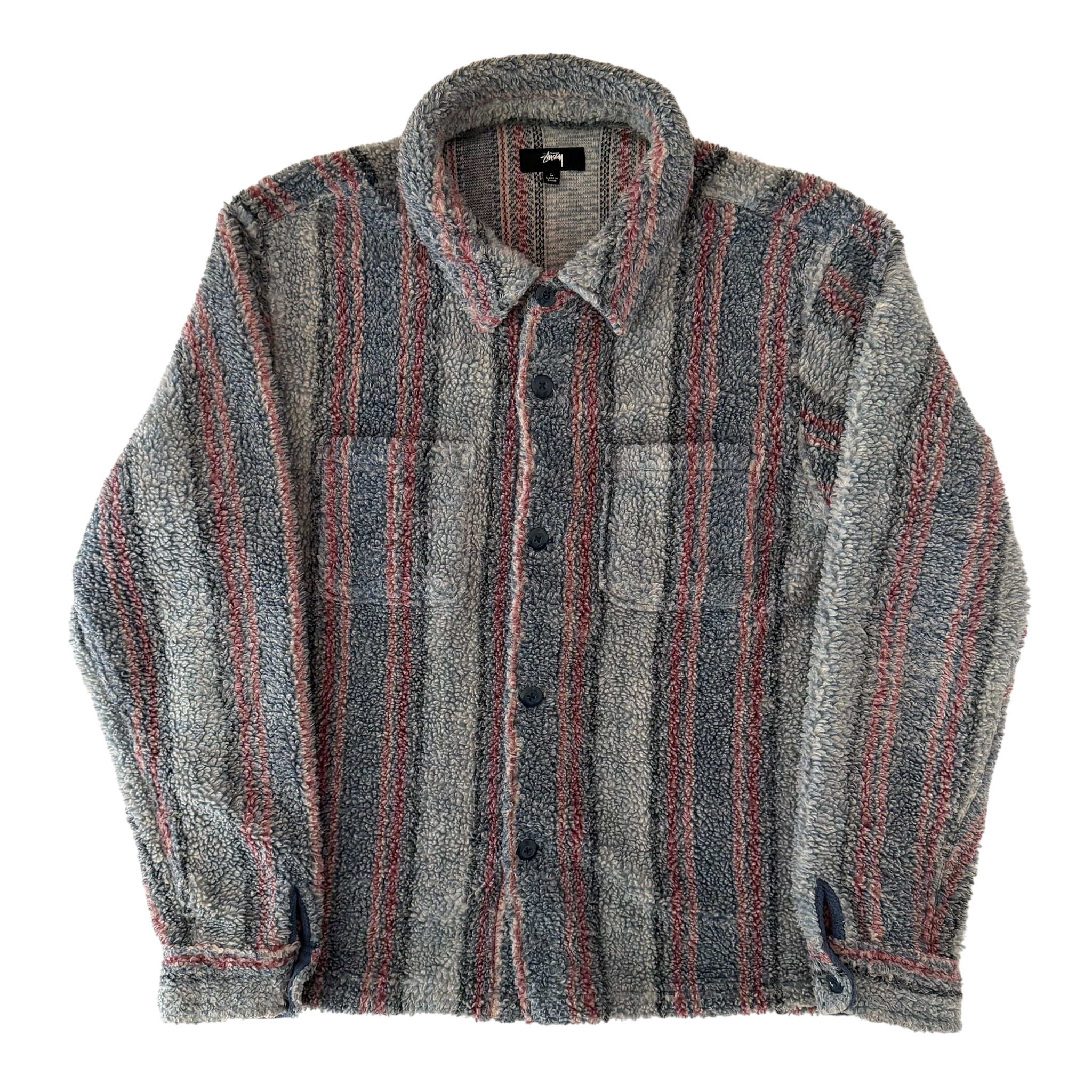STUSSY STRIPE SHERPA BUTTON UP SHIRT (L)